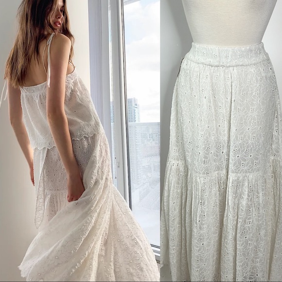 NWOT Aritzia Wilfred Eyelet Apron Tie Prairie Style Maxi Skirt Sz Medium - Picture 2 of 10